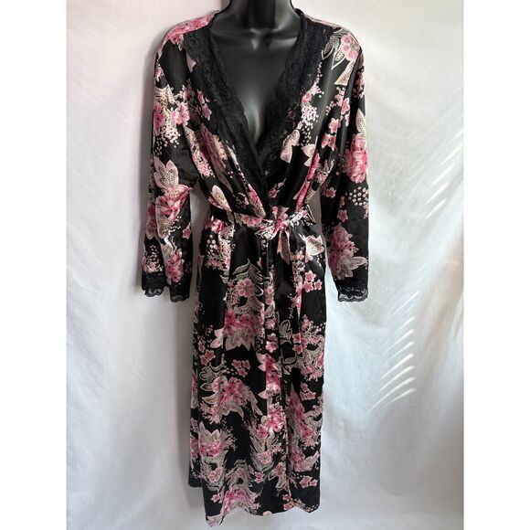 Amoureuse Satin Floral Robe Kimono Size M Lingerie Intimates Black Pink Romantic - Picture 1 of 9